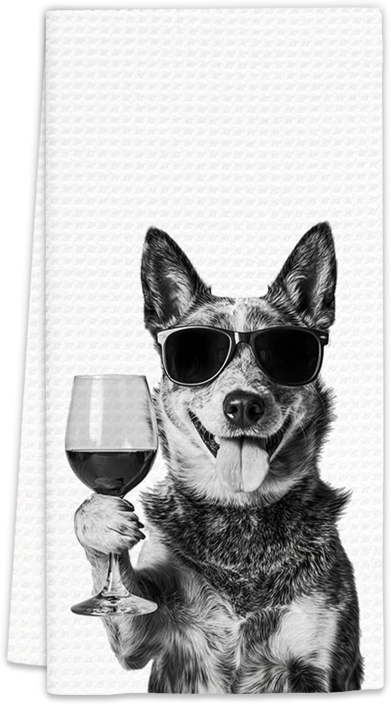 FIicy Blue Heeler Gifts Wine Kitchen Towels, Gifts for Blue Heeler Dog Wine Lovers Decorative Hand Dish Tea Towel for Kitchen Home Bar, Funny BlueHeeler Dog WineLover Home Bar Kitchens Decor(16x24In) - Image 1